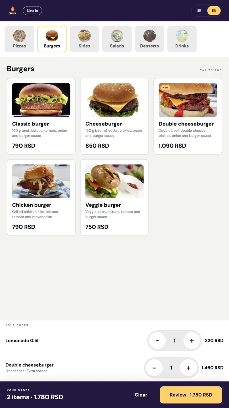 Orbi Kiosk: burger menu with photos and a cart (purple)