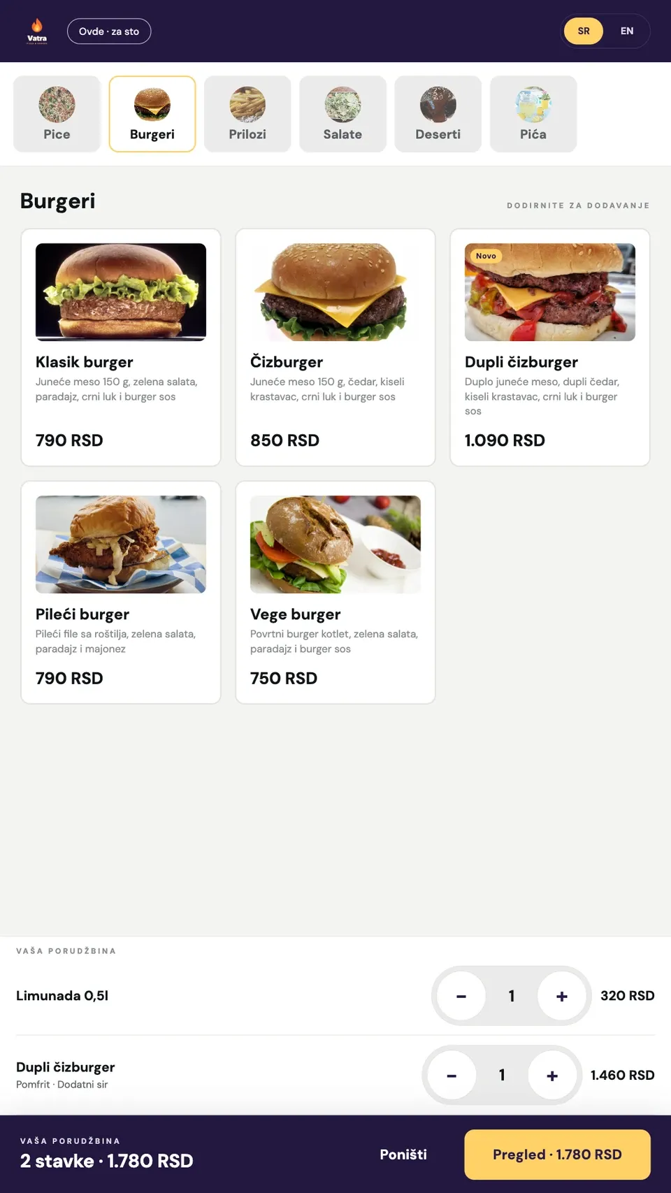 Orbi Kiosk: meni burgera sa fotografijama i korpom (ljubičasta)