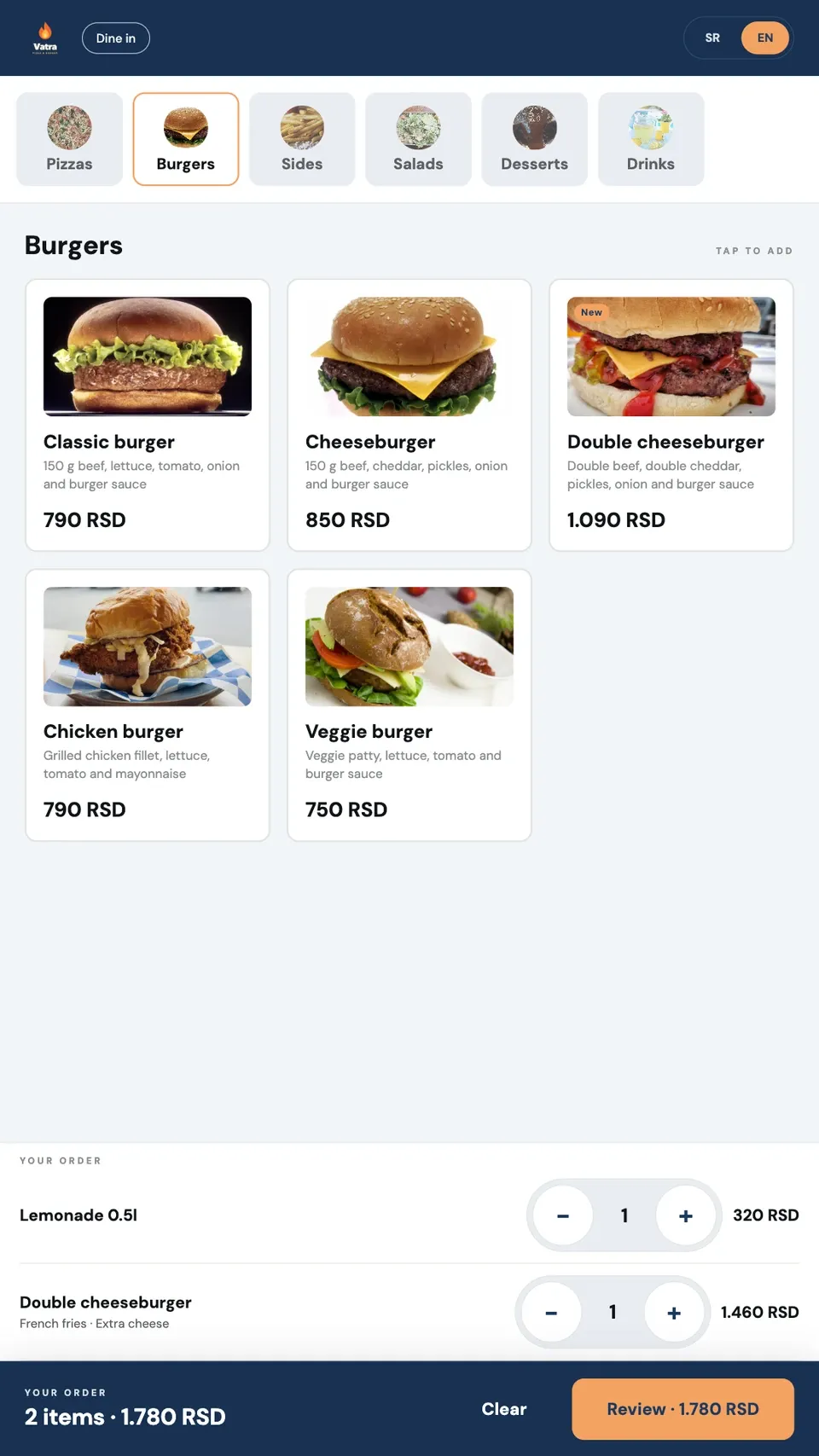 Orbi Kiosk: burger menu with photos and a cart (blue)