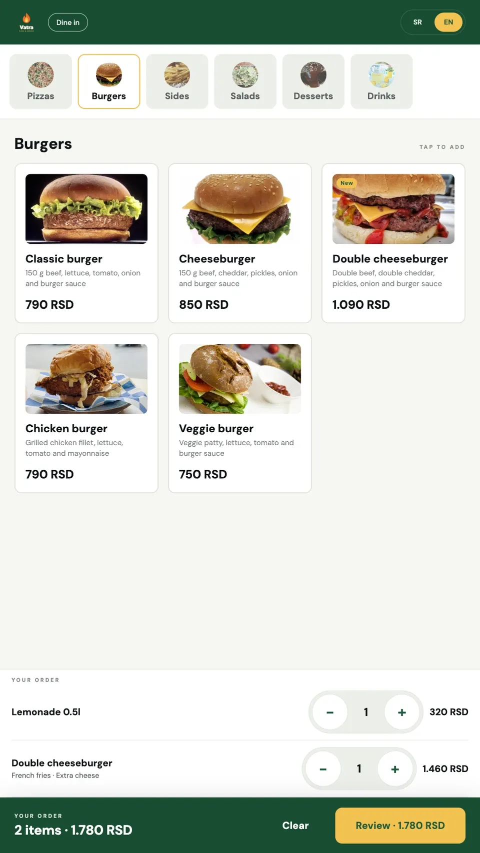 Orbi Kiosk: burger menu with photos and a cart (green)