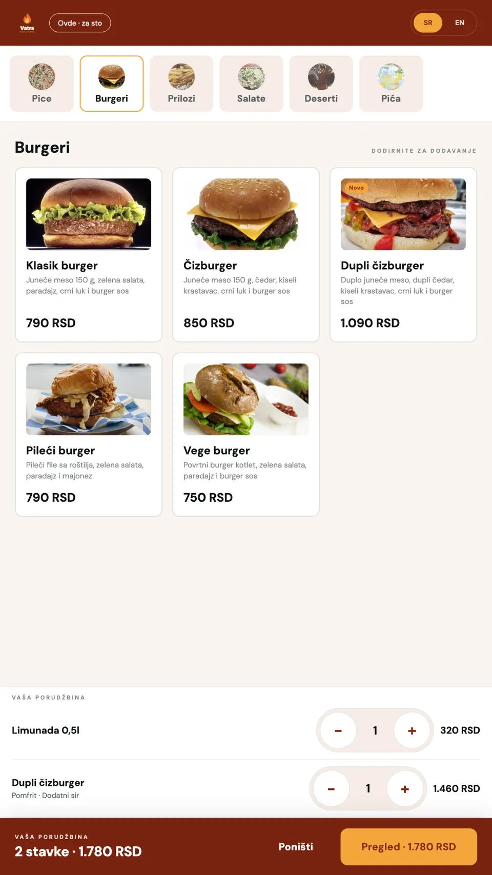 Orbi Kiosk: meni burgera sa fotografijama i korpom sa duplim čizburgerom i limunadom.