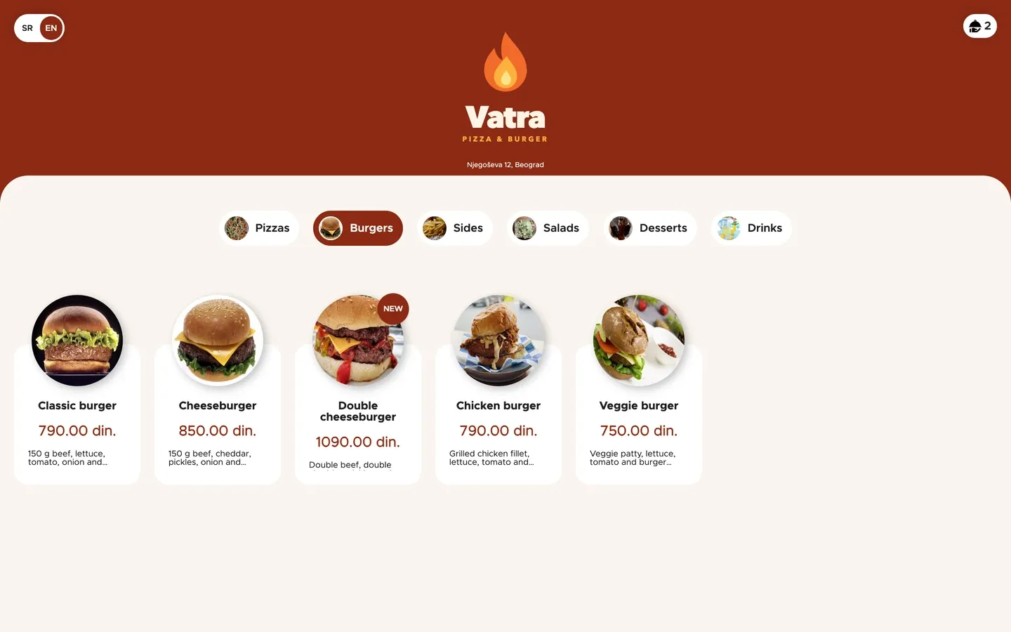 Online ordering on a computer: menu with photos (red)