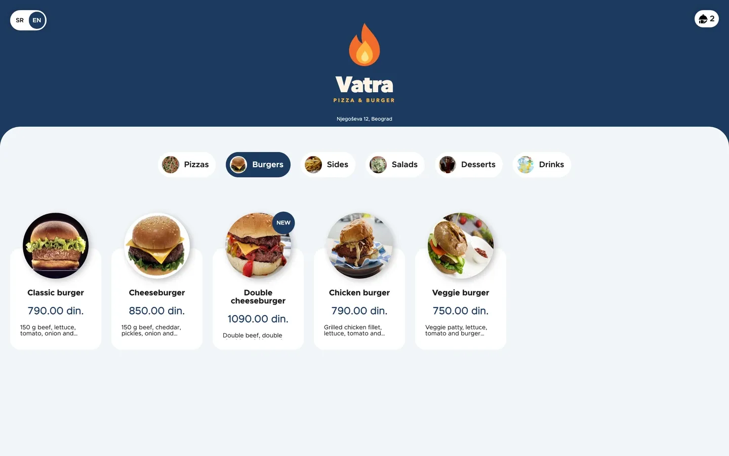 Online ordering on a computer: menu with photos (blue)