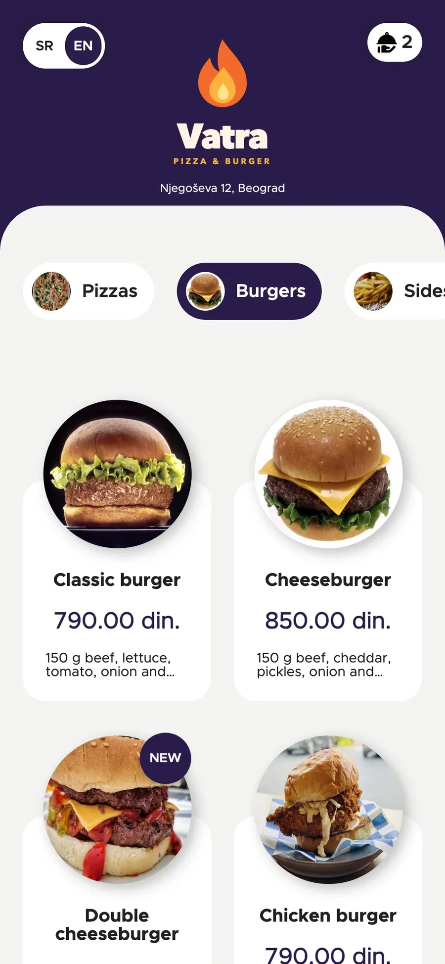 Online ordering on a phone: burger menu and cart (purple)