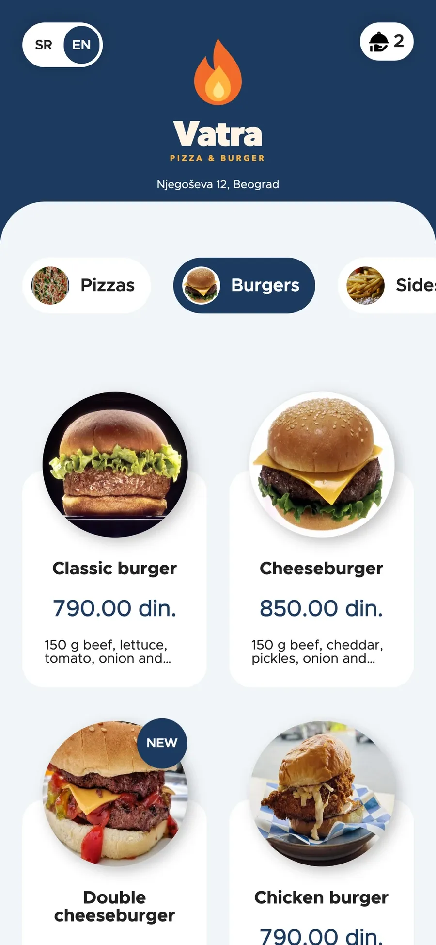 Online ordering on a phone: burger menu and cart (blue)