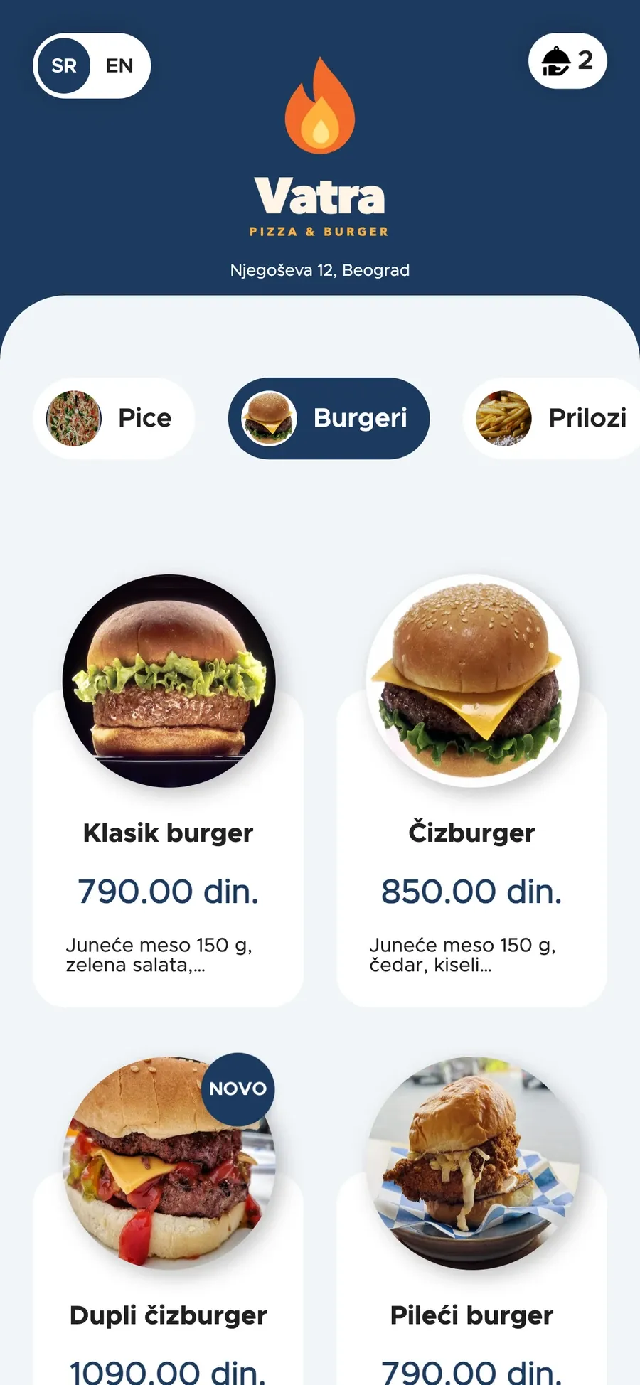 Online poručivanje na telefonu: meni burgera i korpa (plava)
