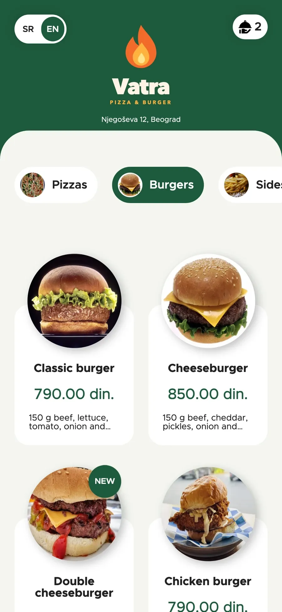 Online ordering on a phone: burger menu and cart (green)